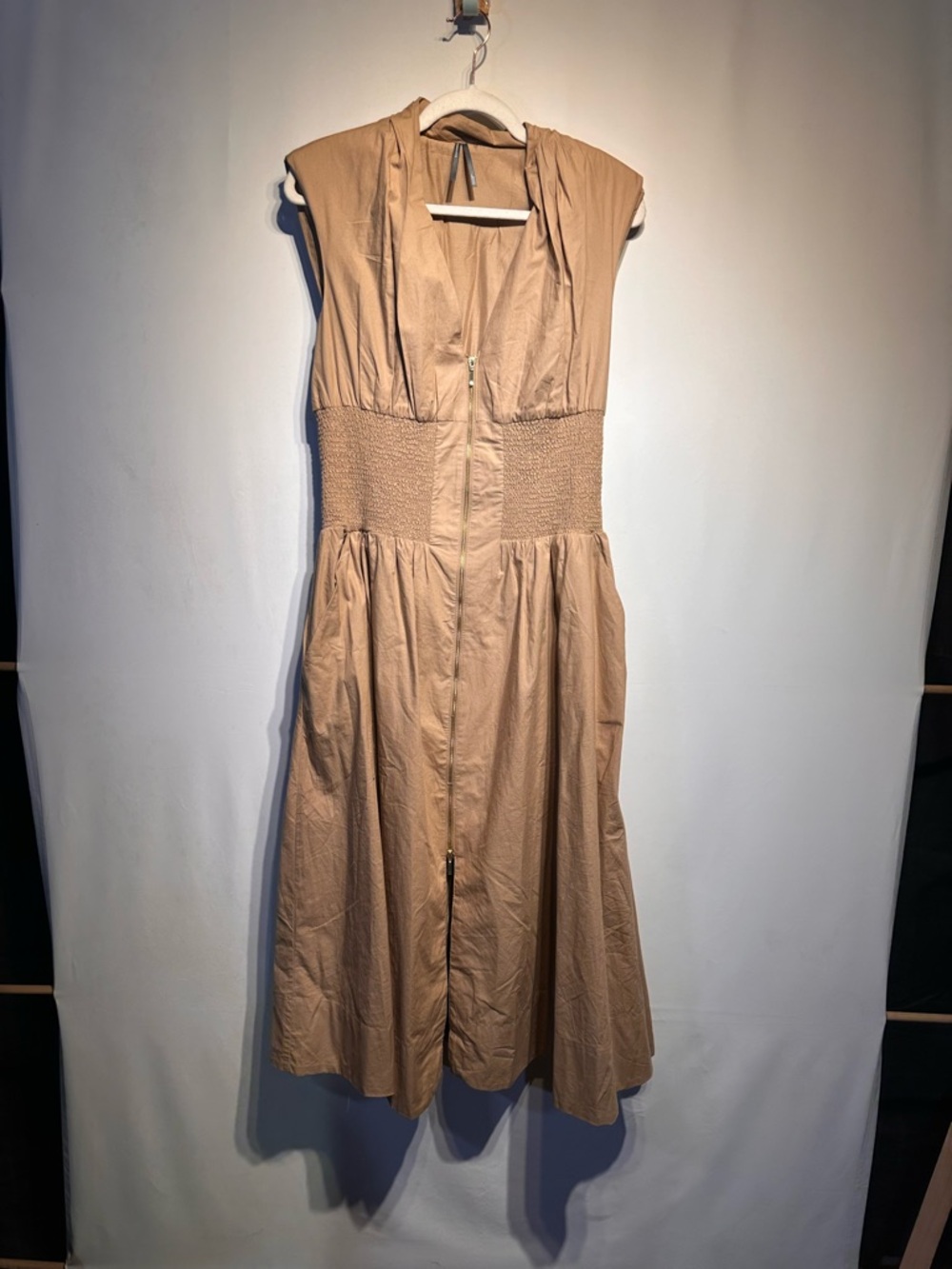 Anthropologie Tan Tommie Shirred-Waist Zip-Front Midi Dress - Picture 2 of 5